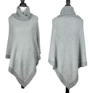 Calvin Klein | OS Gray & Silver Metallic Chunky Knit Pullover Poncho Sweater